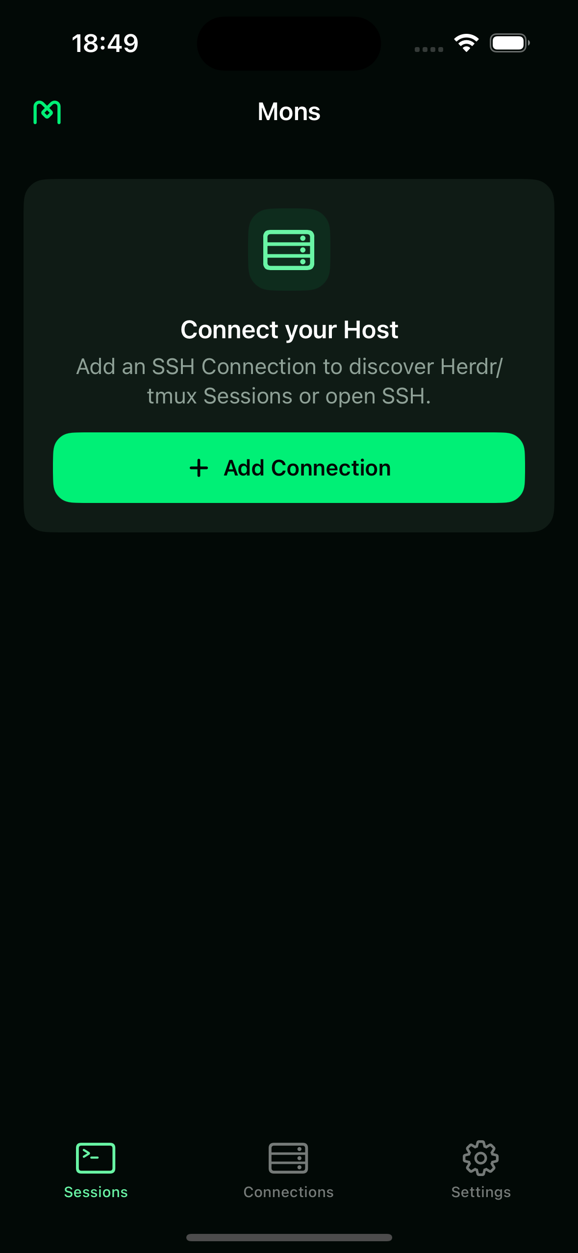 Real Mons app welcome screen with the Add Connection button.