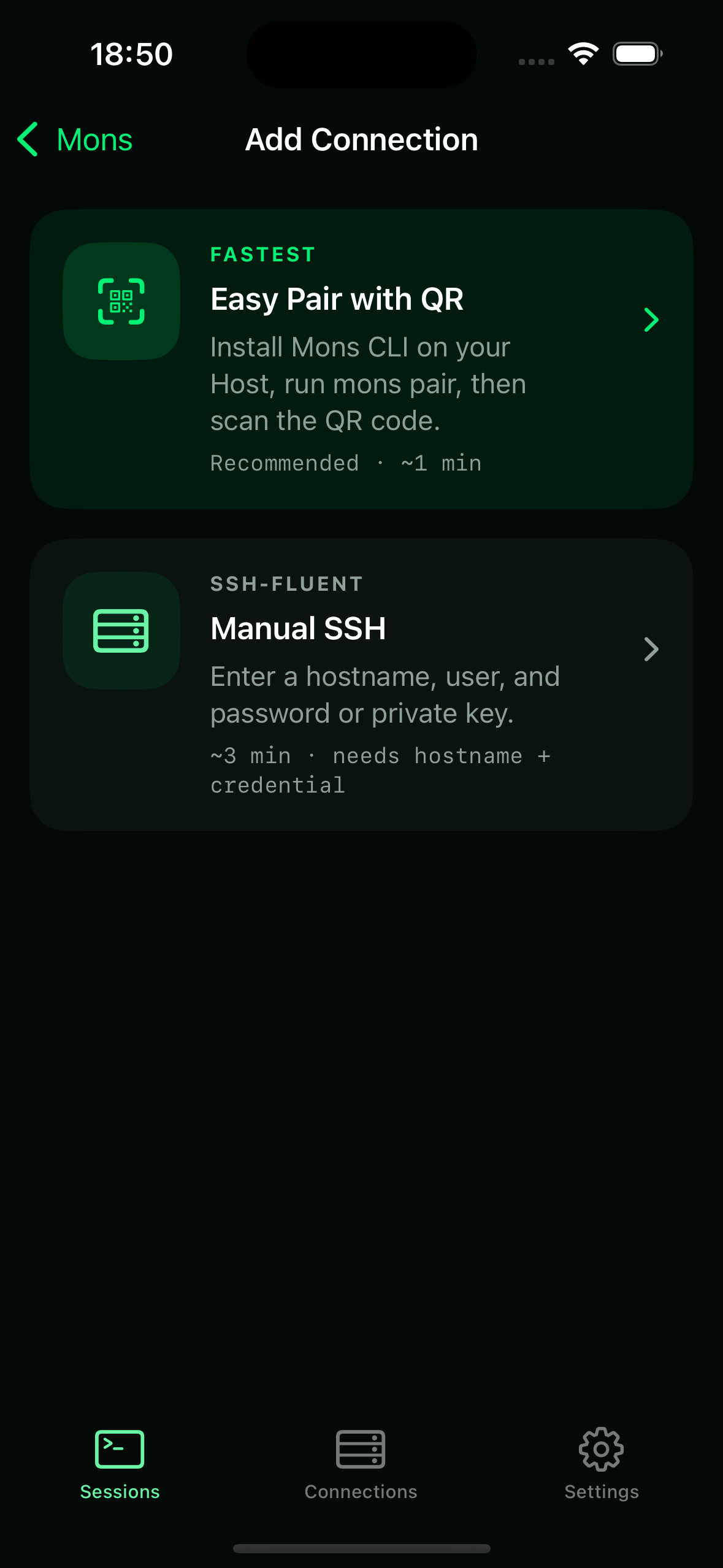 Real Add Connection screen offers Easy Pair with QR and Manual SSH.