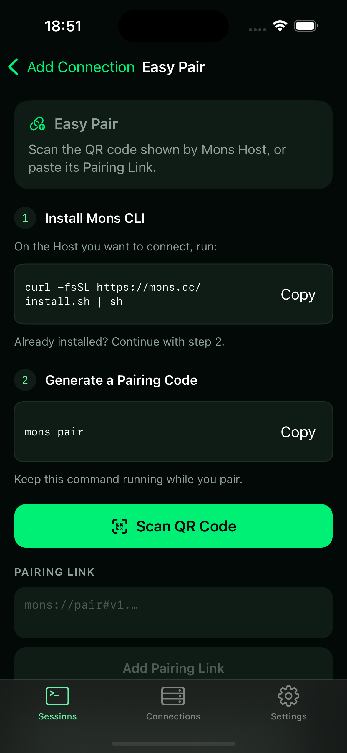Real Easy Pair screen with Scan QR Code and an empty Pairing Link field.