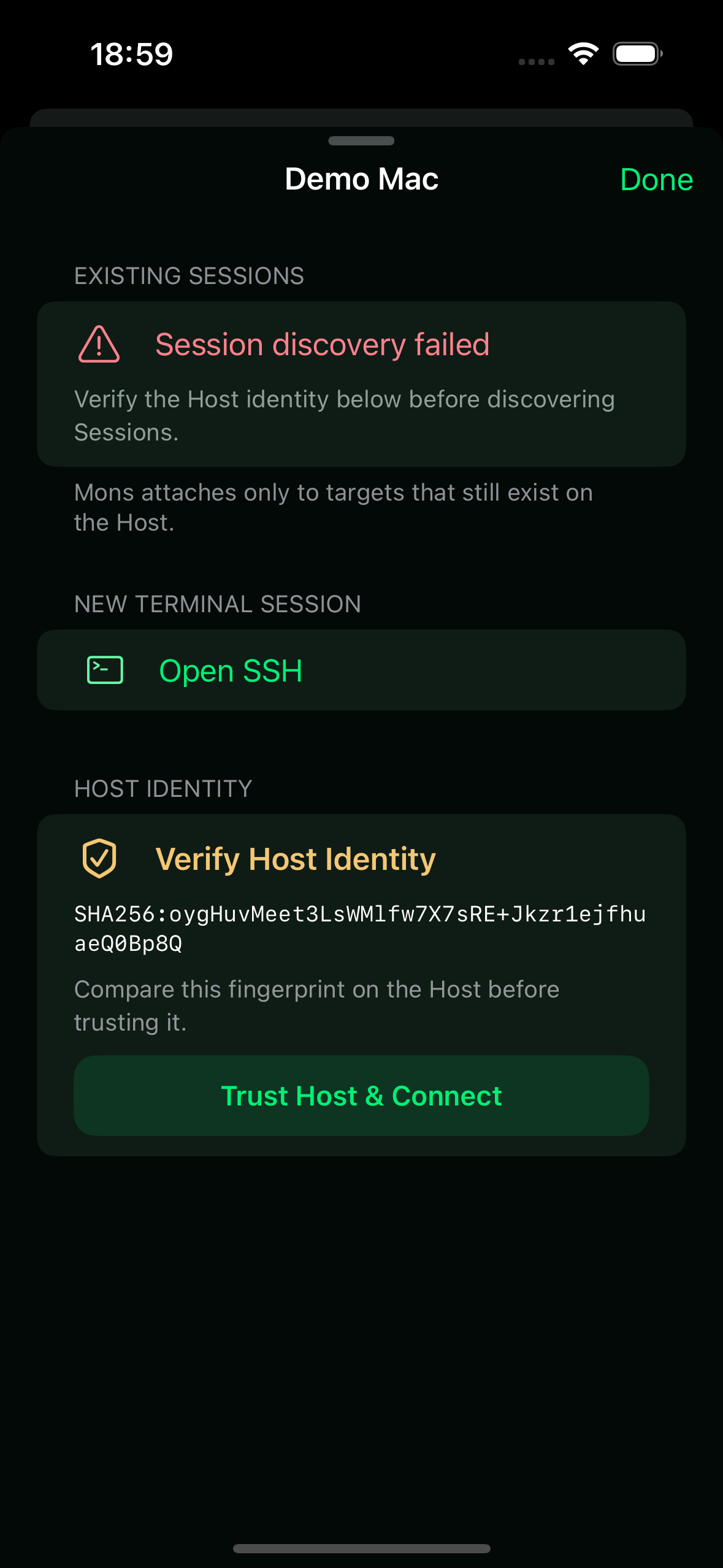 Real connection asks for fingerprint verification before its sessions can be discovered.