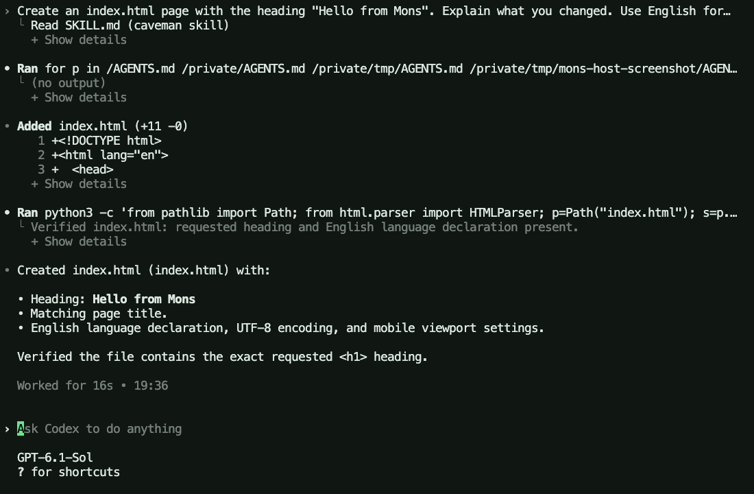 Real dark desktop terminal on the host shows Codex creating index.html with the Hello from Mons heading.