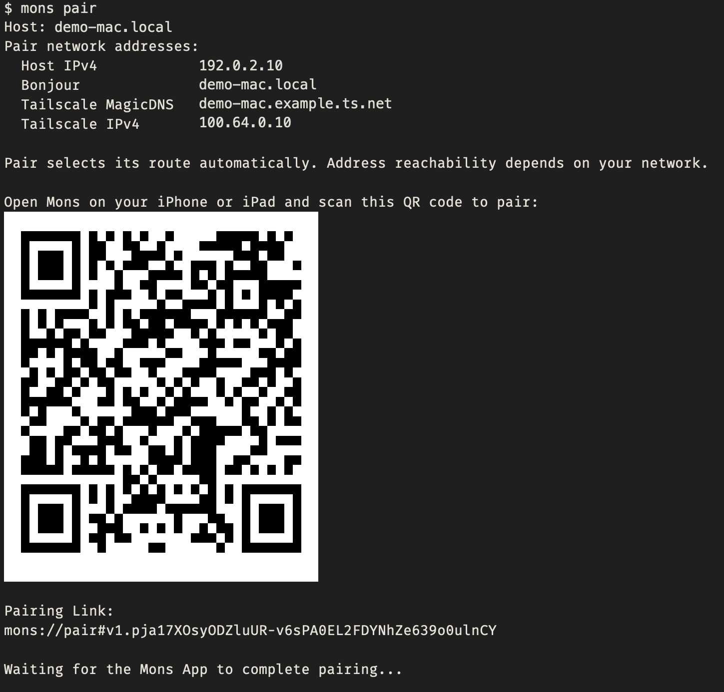 Real mons pair terminal with example host details and the original expired QR code and pairing link.
