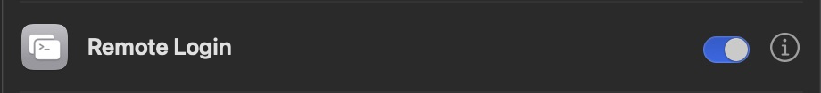Real Sharing settings row for Remote Login, with its information button at the right.
